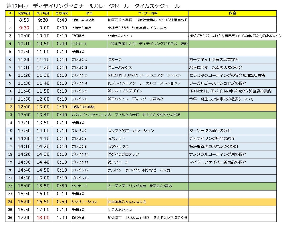 10月12日（土）第12回カーディテイリングセミナー＆ガレーセールのタイムスケジュールをお知らせします。